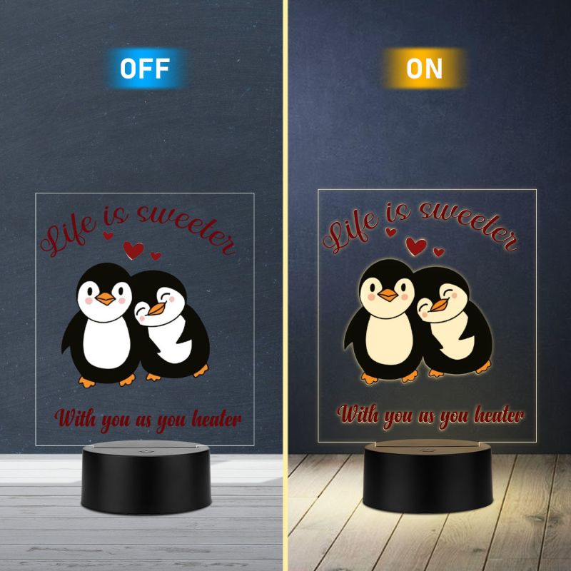 Cute Romantic Couple Penguins Design Acrylic UV Printed LED Night Lamp with Warm White Light  Gift for Couples